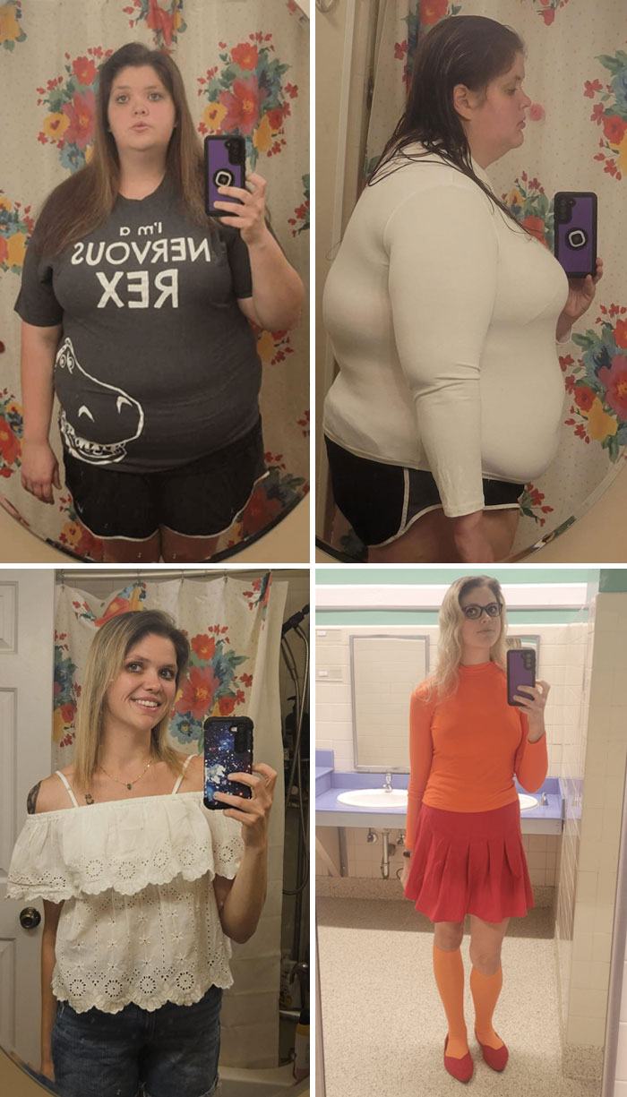 Weight-loss transformation showing before and after photos of a person in a mirror selfie series.