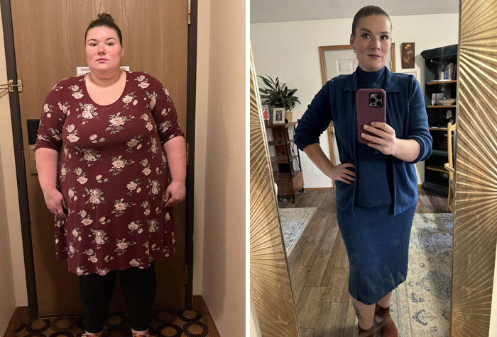Woman's weight-loss transformation shown in before-and-after photos, wearing different outfits in each image.