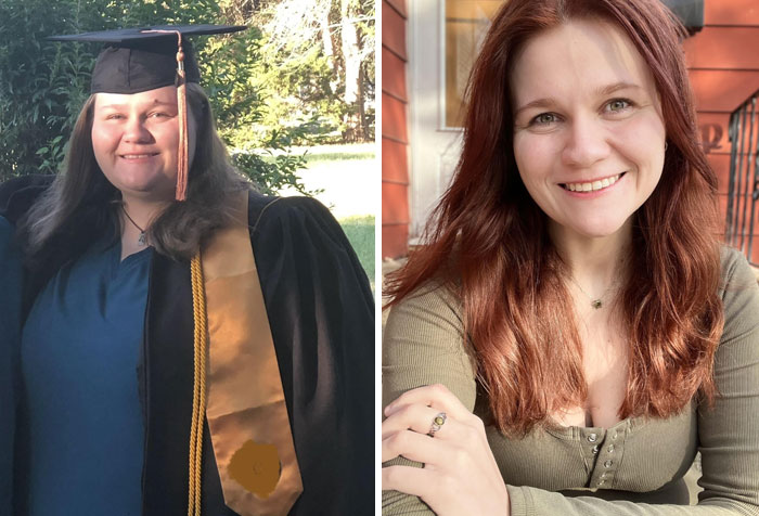 Weight loss transformation showing two women side-by-side, before and after significant change in appearance.