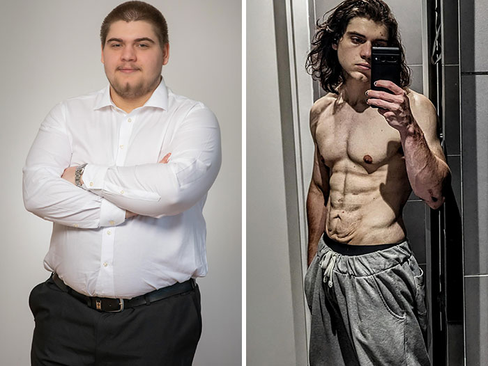 Weight-loss transformation showing a man before, in a white shirt, and after, shirtless with defined muscles, in gray pants.