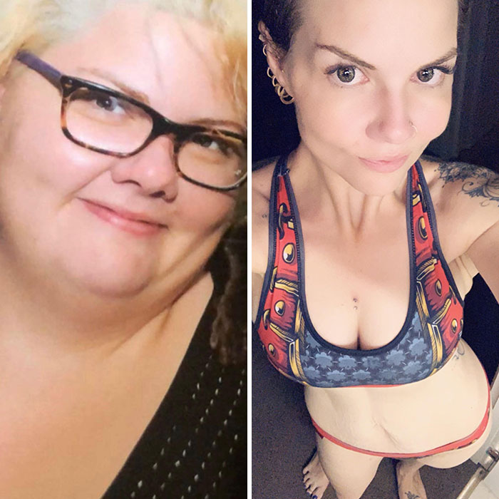 Woman's weight loss transformation before and after, showcasing significant physical change and fitness progress.