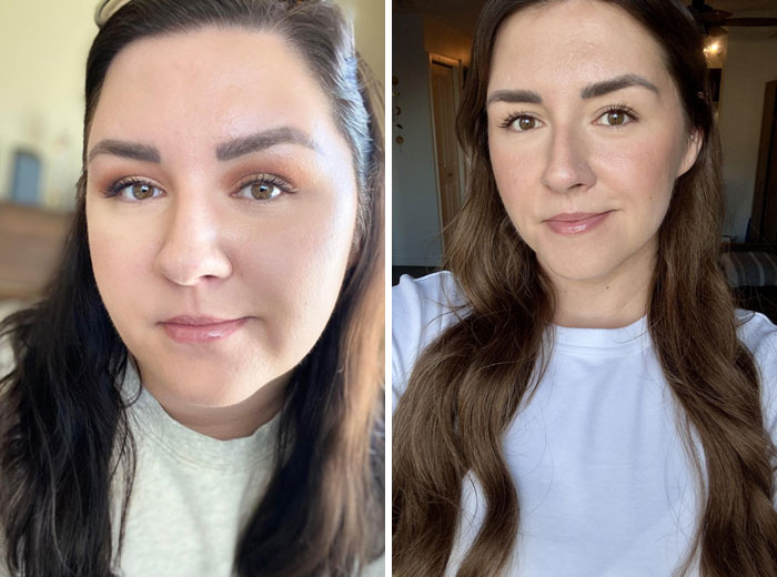 Woman's weight-loss transformation, showing before and after photos with visible change in appearance and hairstyle.