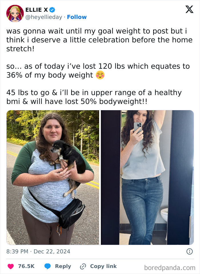 Weight-loss transformation showing two images: before with a dog, after in jeans and a top, celebrating progress.