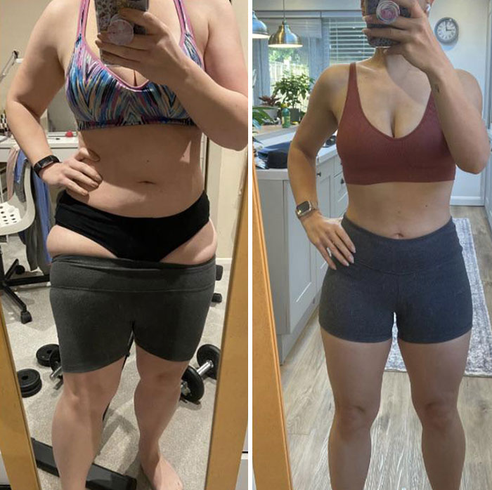 Before and after weight-loss transformation showing significant physical change.