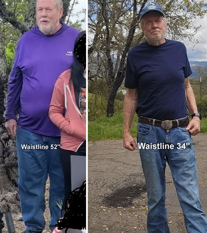 Before and after weight loss transformation showing a man with waistline reduction from 52" to 34".