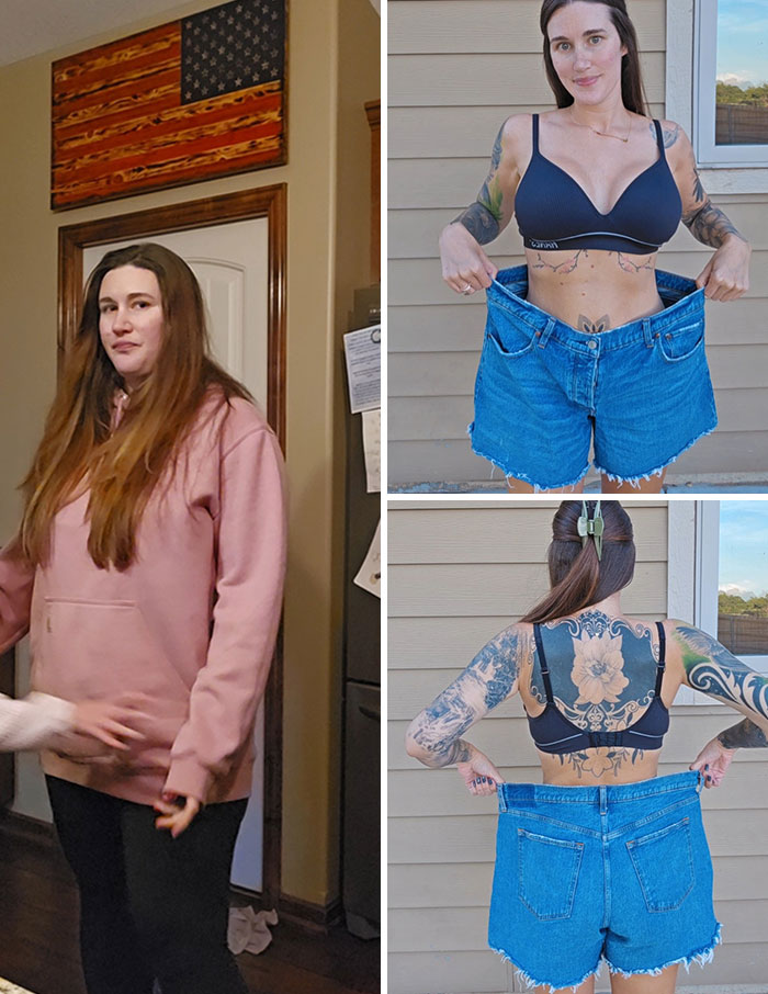 Weight-loss transformation showing a woman before and after, highlighting significant change in size and appearance.