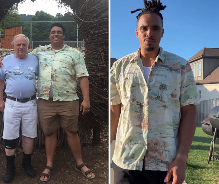 Before-and-after weight loss transformation, man in patterned shirt, shows significant change.