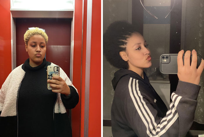 Person taking mirror selfies showing weight-loss transformation in different outfits in a bathroom.