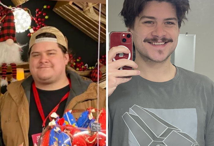 Weight-loss transformation showing a person before and after, wearing different outfits and holding a phone for the after photo.