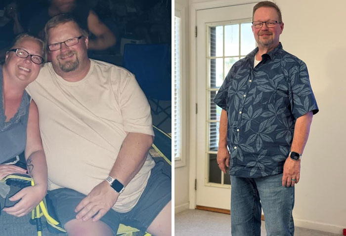 Weight-Loss transformation shows a man's before and after photos, highlighting significant changes in appearance.