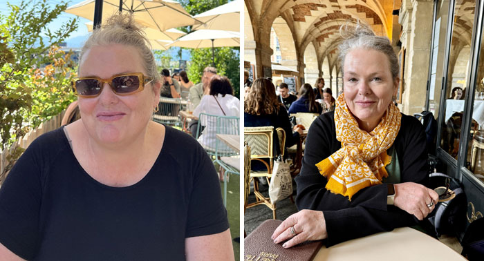 Before and after images showing a woman's weight-loss-transformation at an outdoor café.