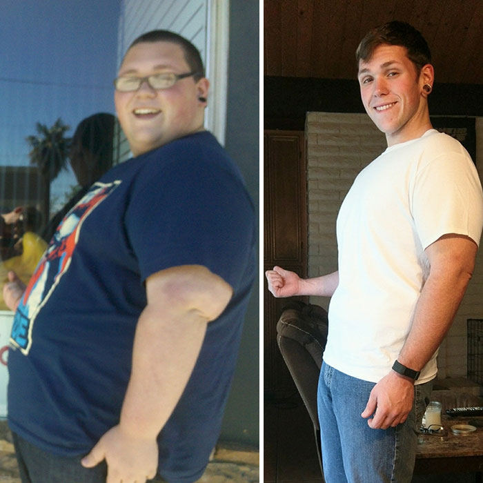 Weight-loss transformation: person before on left in a blue shirt, after on right in a white shirt, showing significant change.