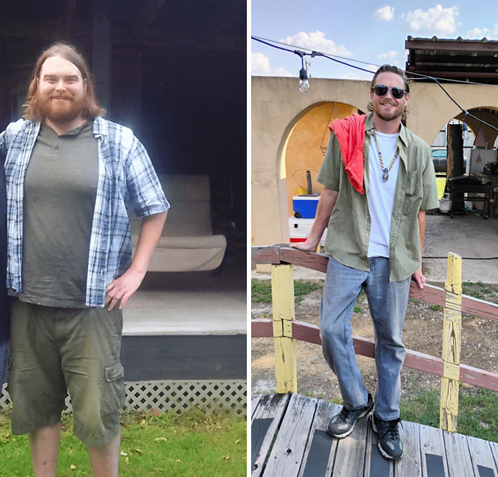 Before and after weight-loss transformation of a man, wearing casual outfits in both images, showcasing significant change.