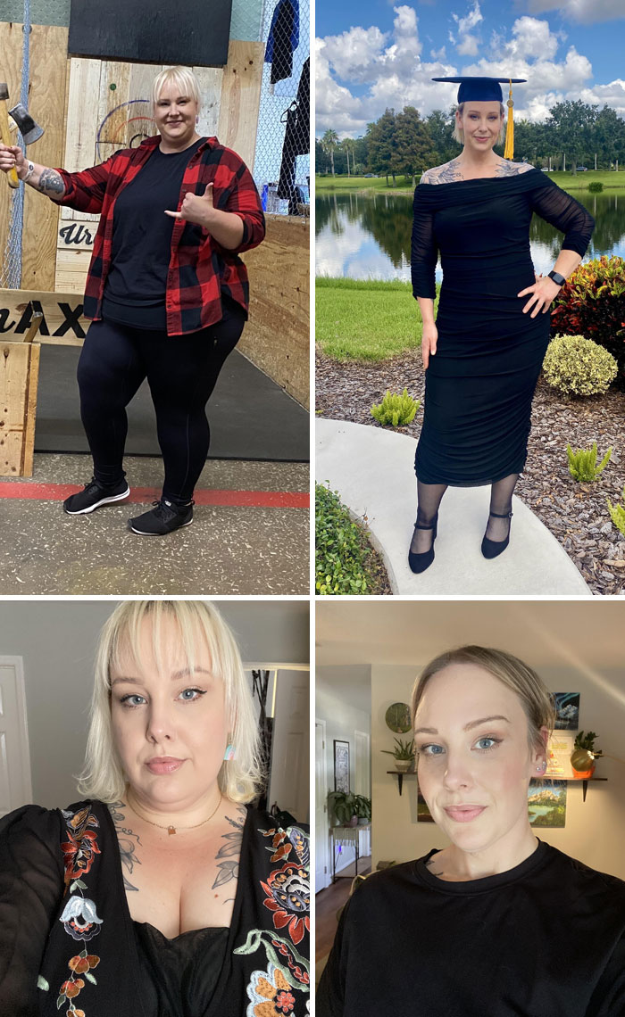 Weight-loss transformation; woman before and after in casual and formal attire.