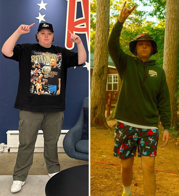 Before and after weight-loss transformation showing a person raising hands in casual clothes, with noticeable physical changes.