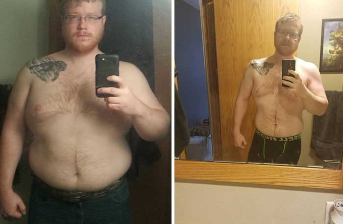 Man showing weight-loss transformation, taking mirror selfies before and after, highlighting significant change in physique.