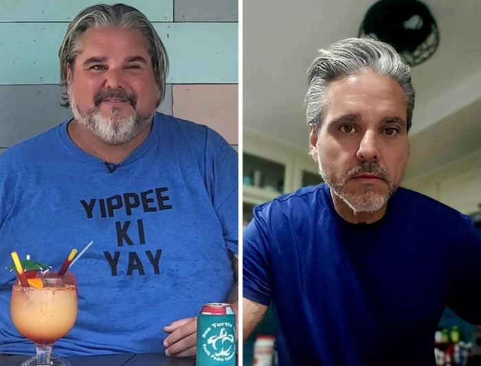 Man's weight-loss transformation from 2022 to 2024, wearing blue shirts in both before and after photos.