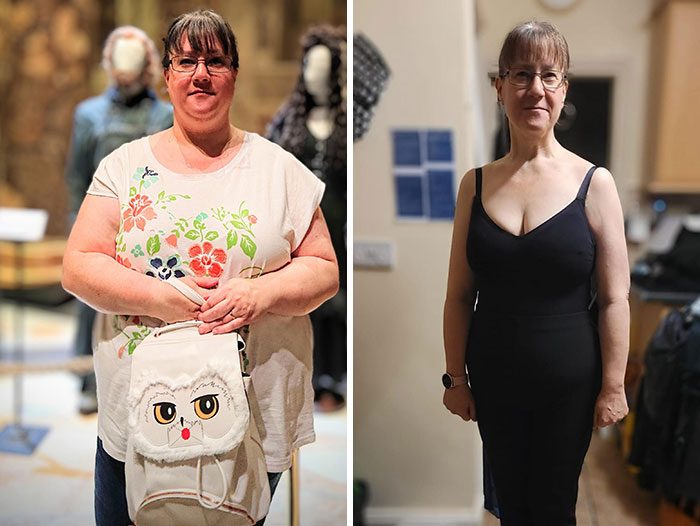Before and after weight loss transformation of a woman, showcasing significant physical change.