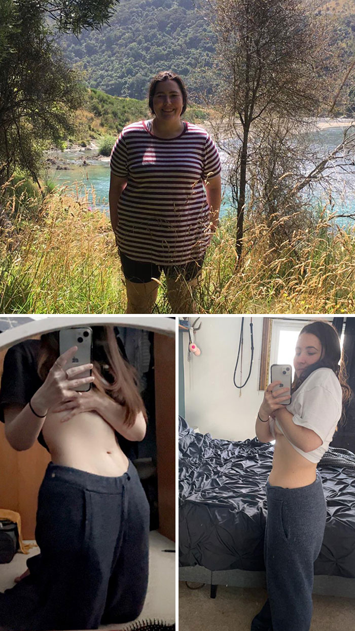 Weight-loss transformation with three images showing progress before and after.