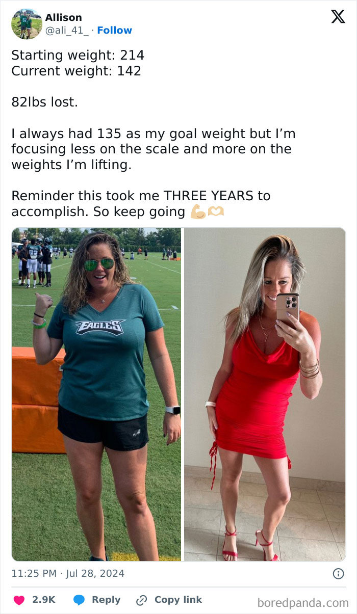 Before and after weight-loss transformation, showing significant body changes in two side-by-side photos.