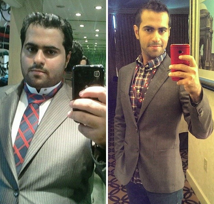 Man in before and after weight-loss transformation, wearing a suit, taking a mirror selfie in both images.