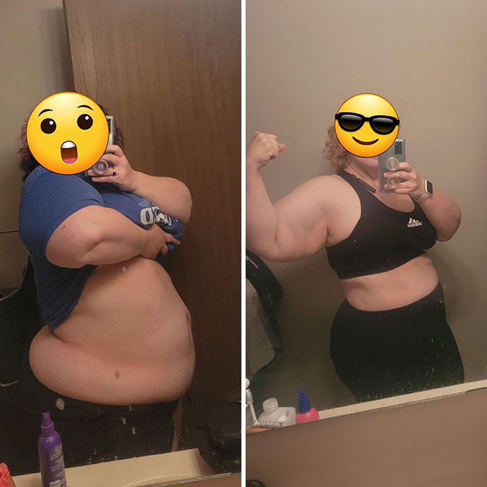 Before and after weight-loss transformation showing significant physical change; left in blue shirt, right in black sportswear.