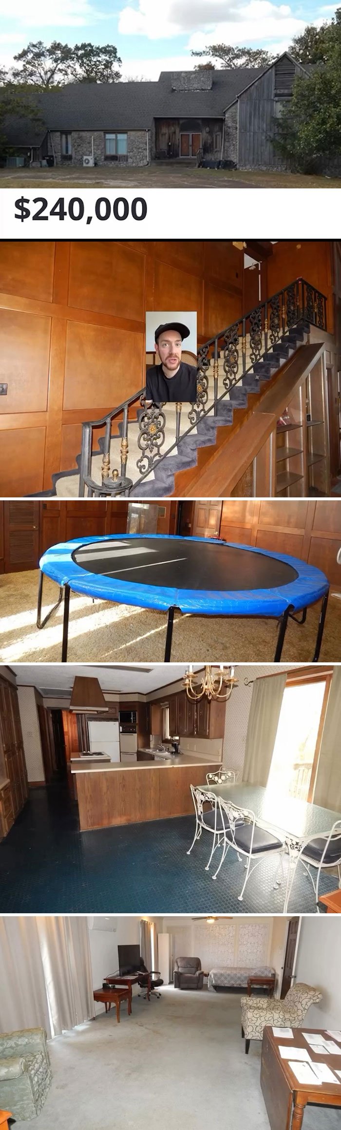 Wild Zillow listing featuring a unique interior with wood paneling, trampoline room, and vintage kitchen for $240,000.