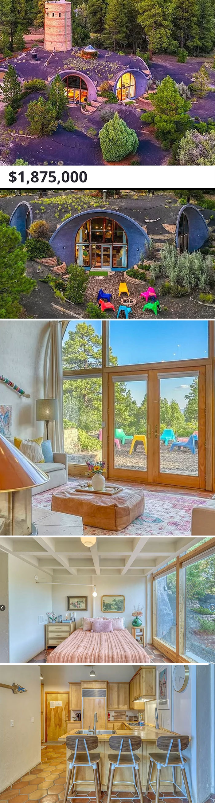 Unique wild Zillow listing featuring a dome house with vibrant interior and forest surroundings, priced at $1,875,000.