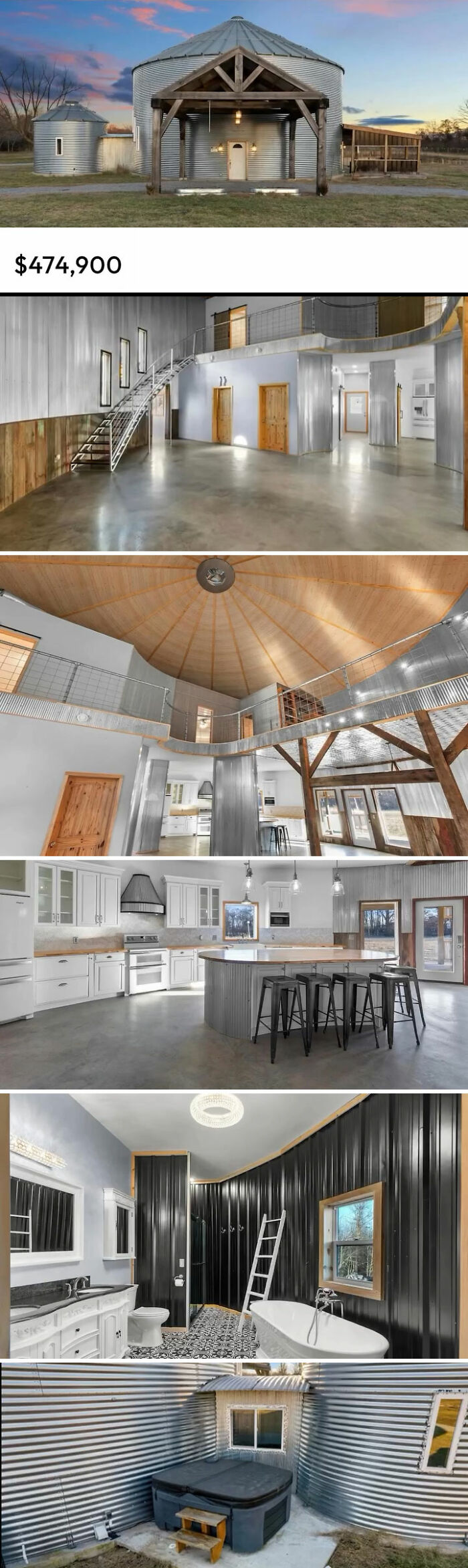 Unique Zillow listing featuring a silo home, rustic interior, spacious kitchen, modern bathroom, and outdoor hot tub.