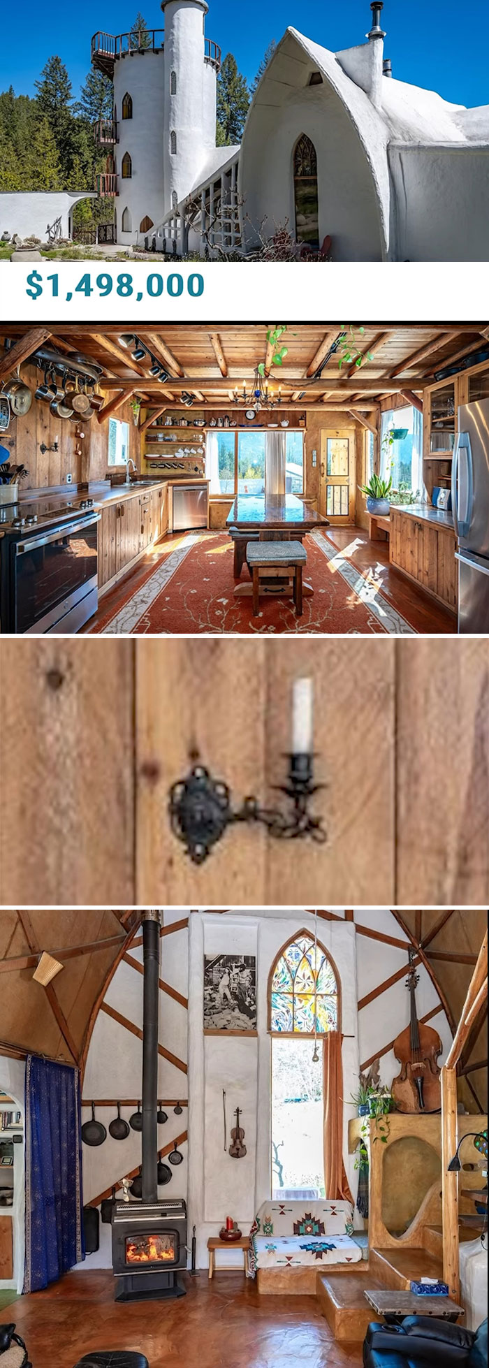 Unique Zillow listing featuring a whimsical castle exterior, rustic kitchen, and cozy living area with a stove.