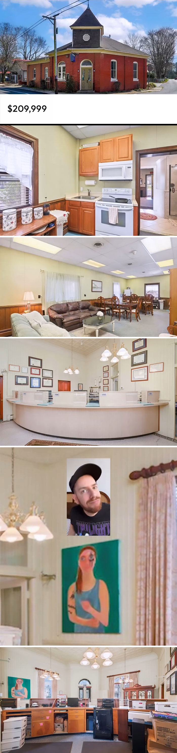 Wild Zillow listing: Red brick building with unique interior, priced at $209,999, featuring eclectic decor and office spaces.