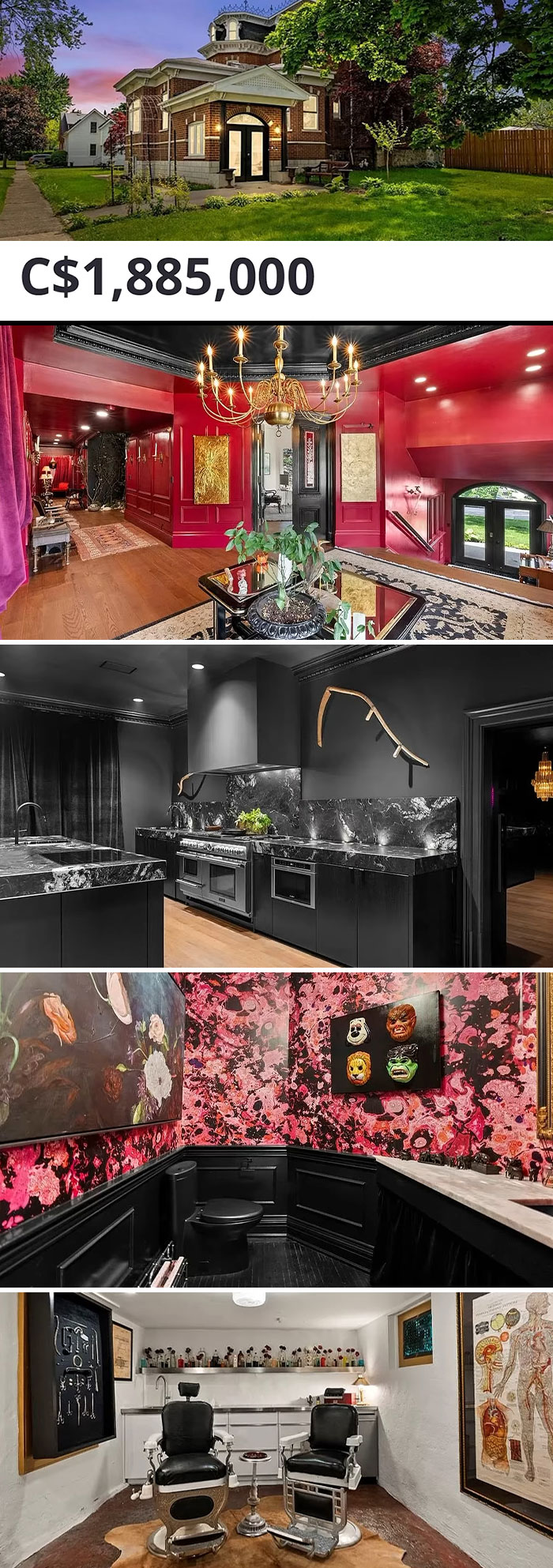 Eccentric Zillow listing with luxurious interiors, priced at C$1,885,000, featuring vibrant colors and unique design elements.