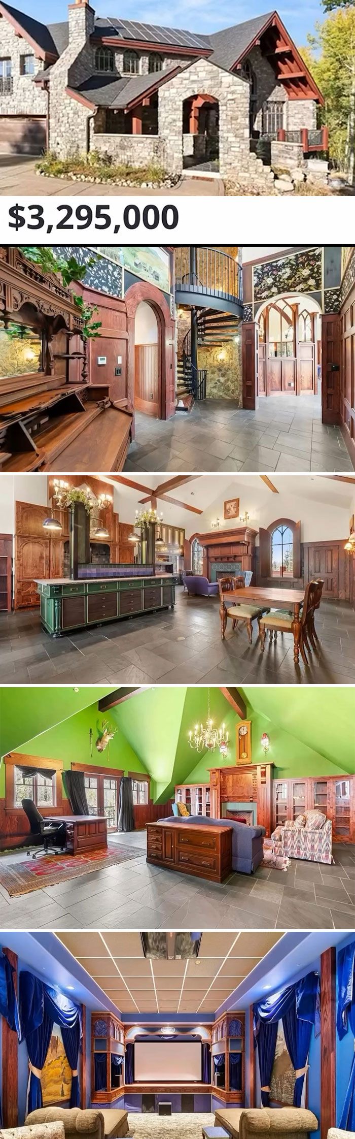 Wild Zillow listing showcasing a unique multi-million dollar home with eclectic interiors and a grand stone facade.