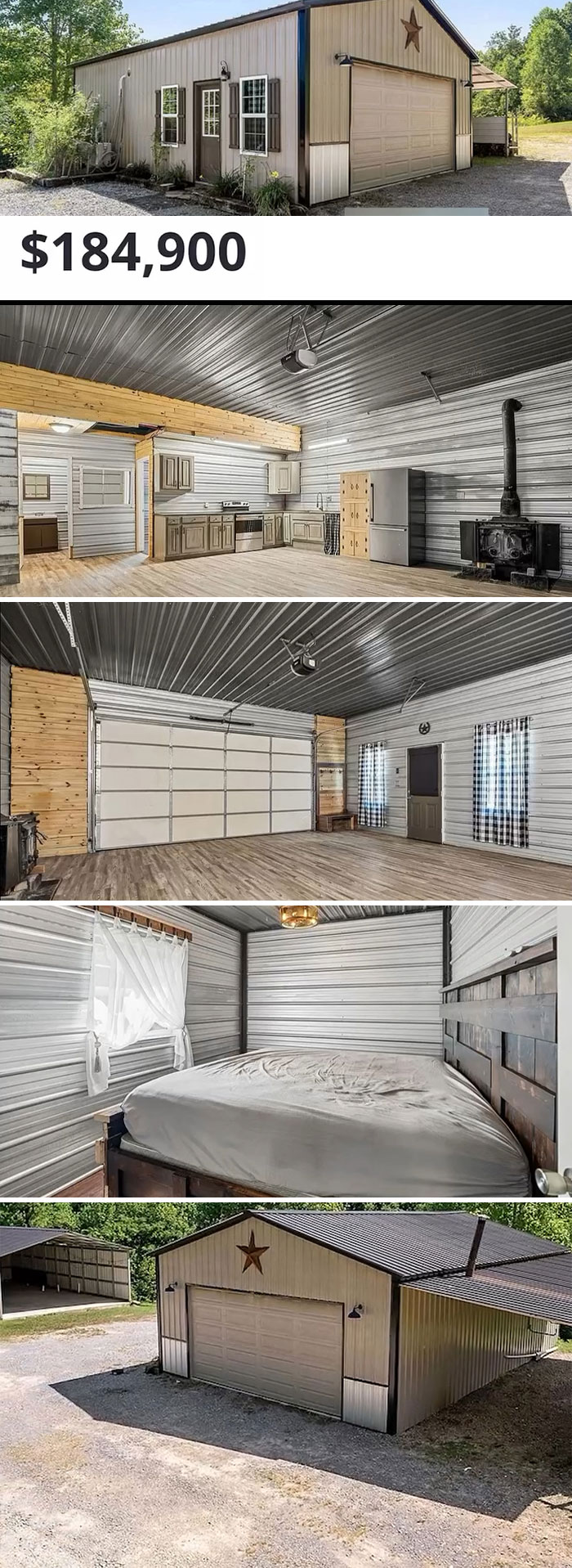 Unique Zillow listing featuring a metal exterior, rustic interior, garage, and bed space, priced at $184,900.