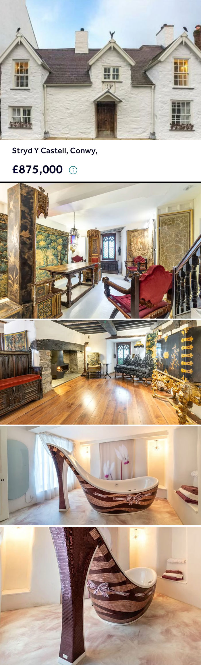 Unique Zillow listing of a white house with vintage interiors and a high-heel shaped bathtub.