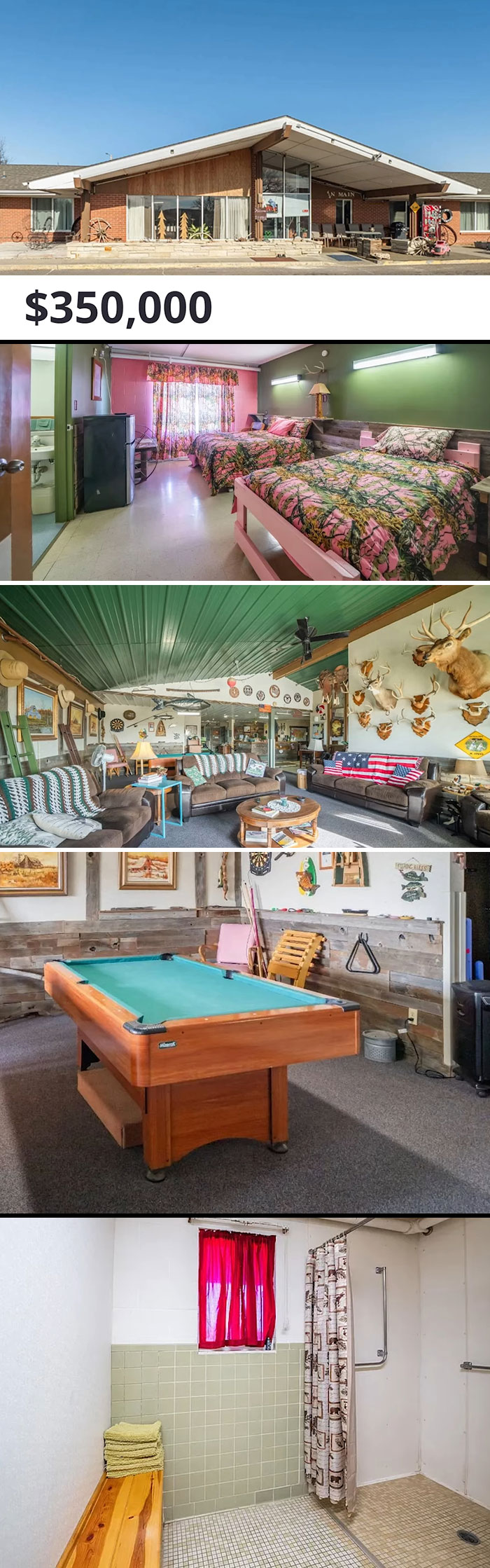 Unusual Zillow listing showing a building for sale at $350,000, displaying eclectic interiors and unique decor.