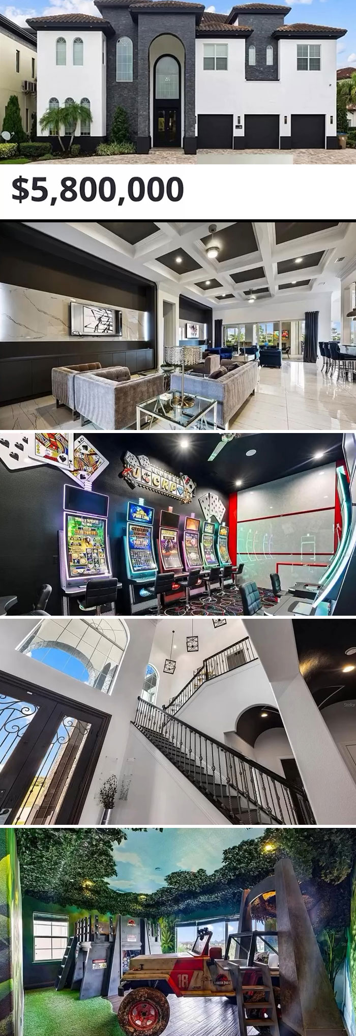 Extravagant Zillow listing featuring luxury home with gaming room, spacious interiors, and jungle-themed playroom.