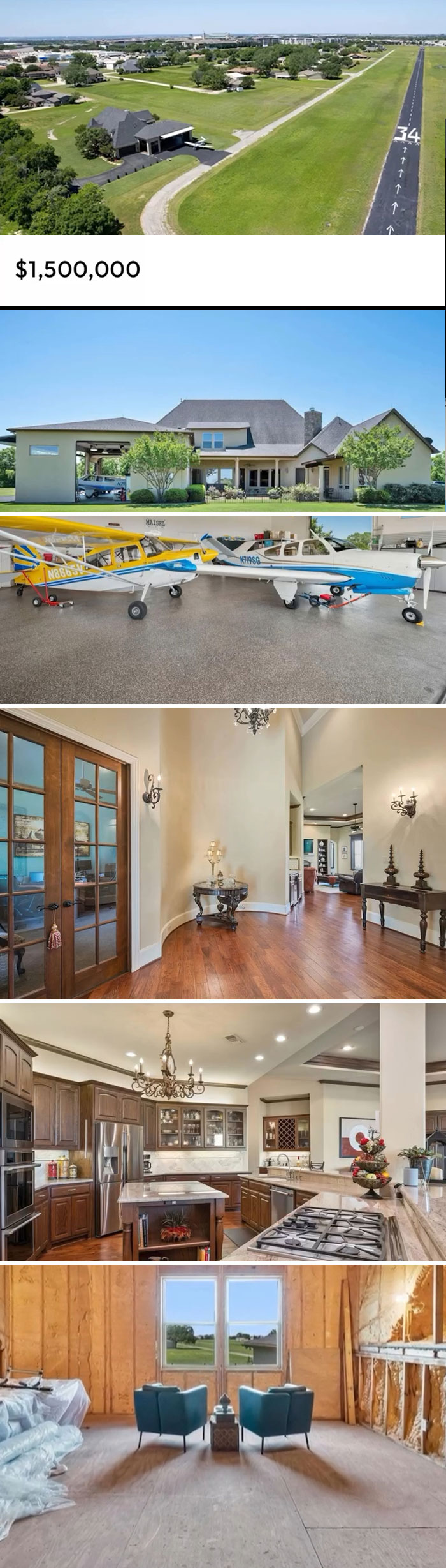 Unique Zillow listing with private runway, hangar, luxurious interiors, and scenic views priced at $1,500,000.