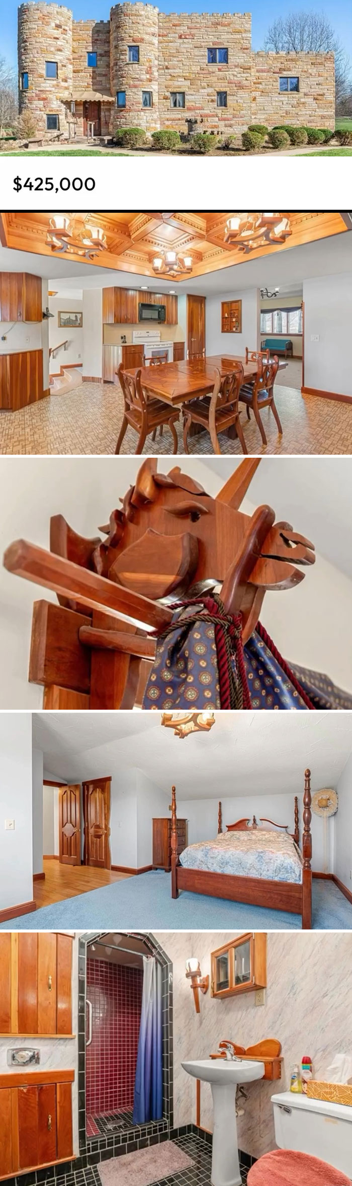 Unique Zillow listing featuring a castle-like home with quirky interiors, priced at $425,000.