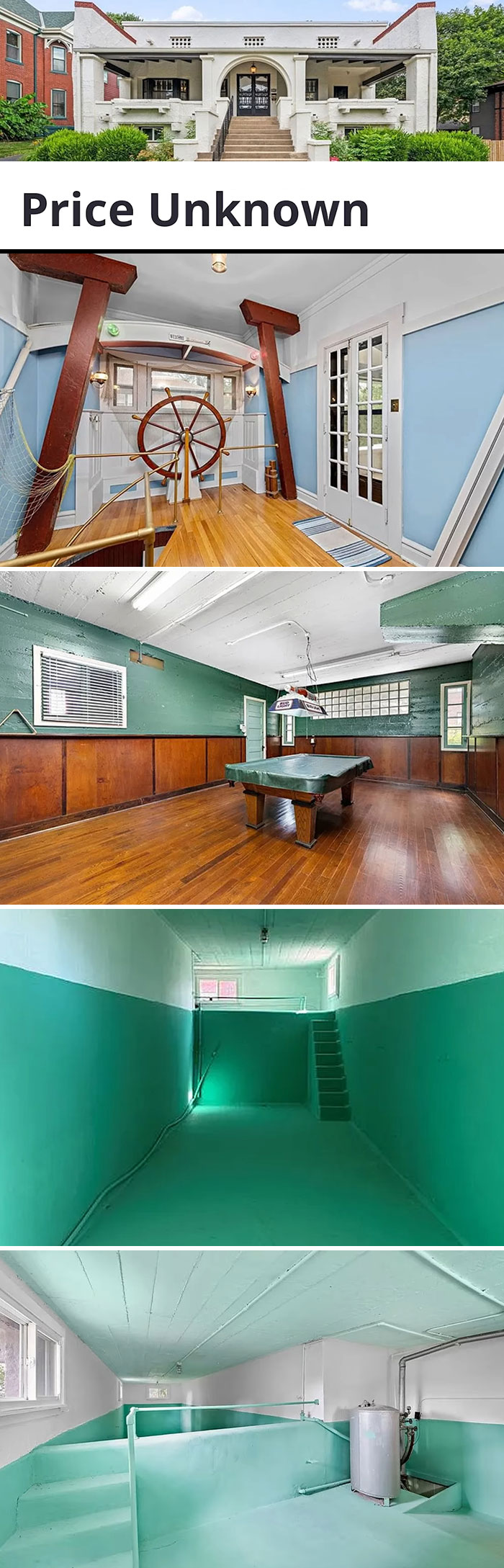 Wildest Zillow listing featuring a unique house with a ship steering wheel, game room, and vibrant green indoor space.