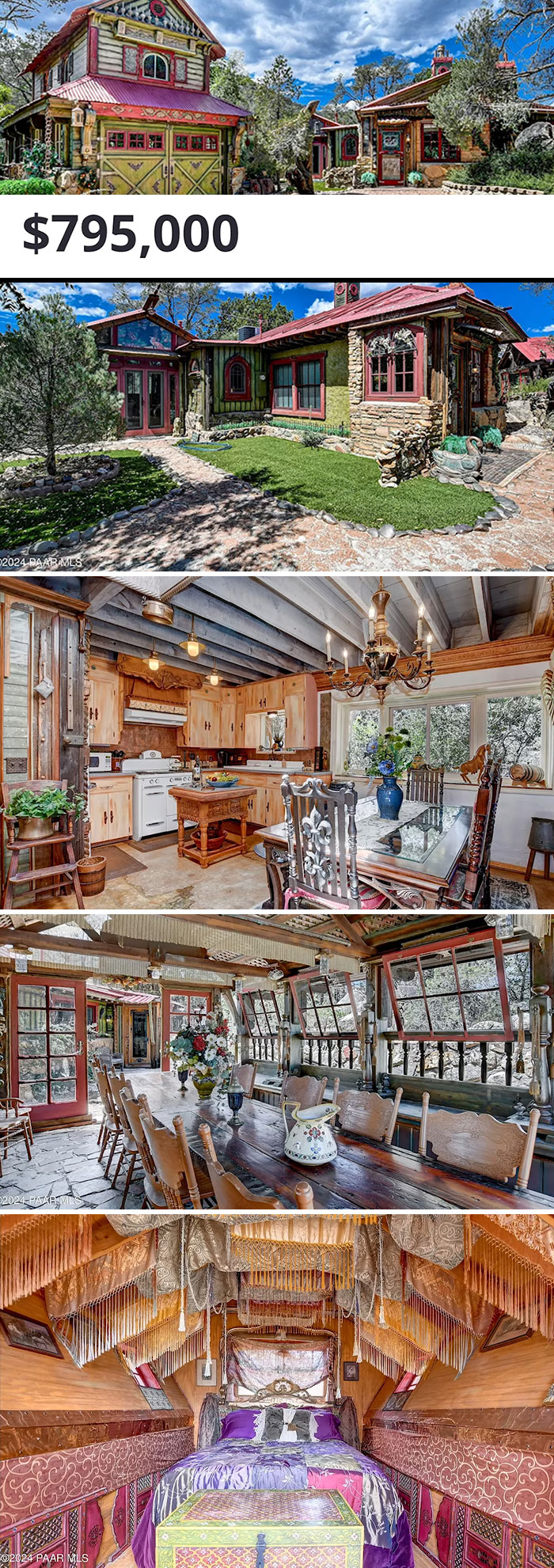Unique Zillow listing with rustic exterior, eclectic interior design, and vibrant decor priced at $795,000.