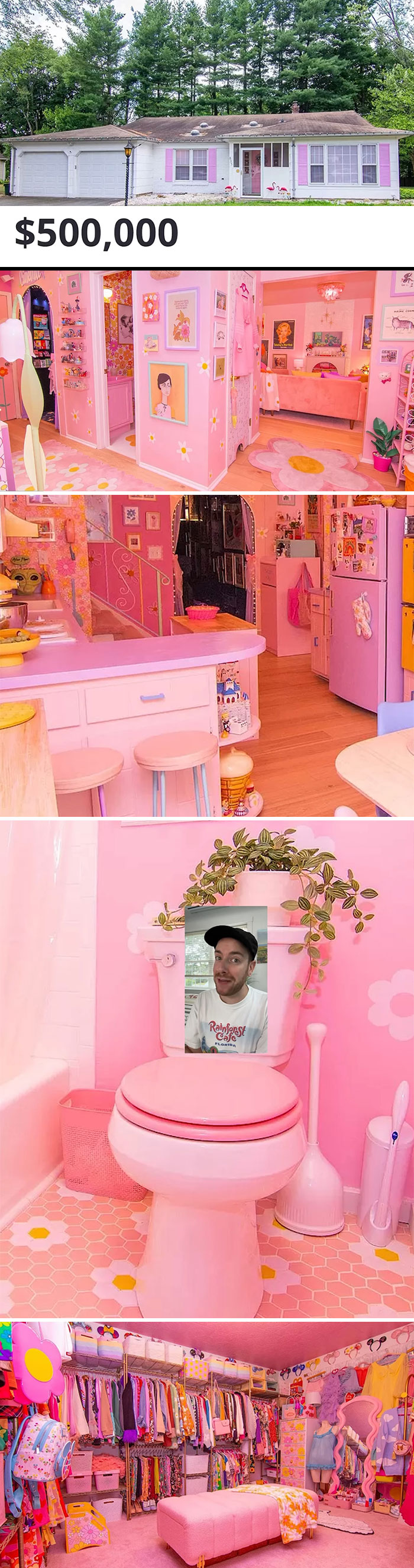 Pink-themed wild Zillow listing, featuring vibrant interiors with unique decor, listed at $500,000.