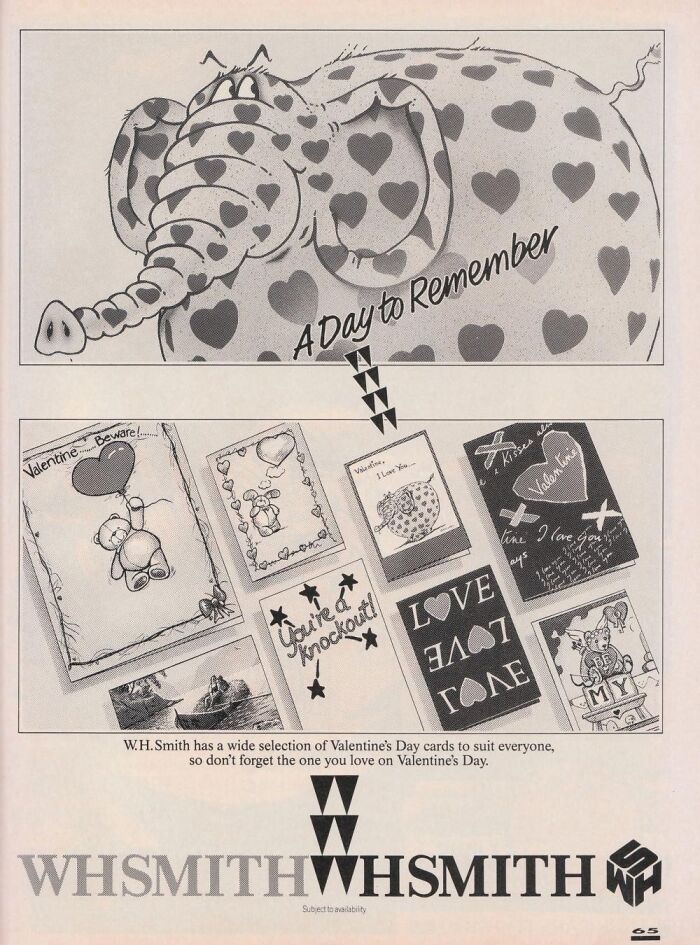 Vintage-commercials for WHSmith featuring Valentine's Day cards with a heart-patterned elephant illustration.