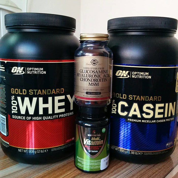 Whey, casein protein, glucosamine, and multivitamin supplements for men who like pretty things too.