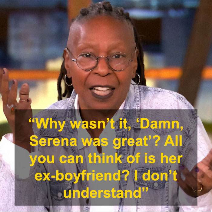 Person speaking animatedly on TV with overlay text questioning focus on Serena's ex-boyfriend. Person speaking animatedly on TV with overlay text questioning focus on Serena's ex-boyfriend.