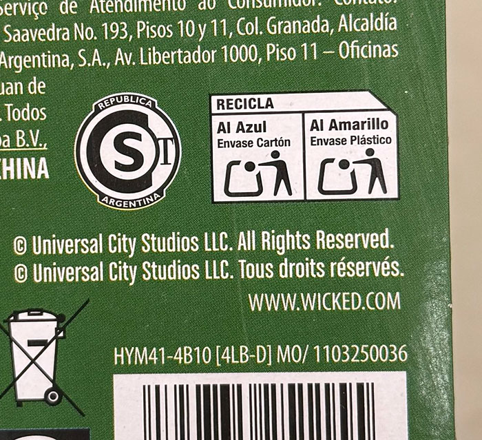 Inappropriate kids' toy packaging text with recycling instructions and copyright details.