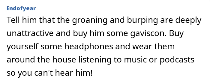 Text advice about handling old man noises in marriage, suggesting remedies and using headphones. Text advice about handling old man noises in marriage, suggesting remedies and using headphones.