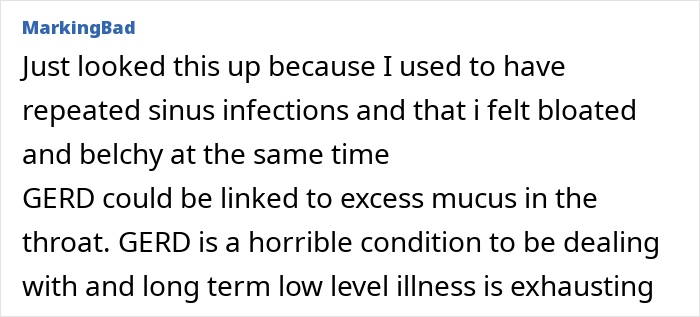 Text from a forum discussing sinus infections, bloating, GERD, and related symptoms. Text from a forum discussing sinus infections, bloating, GERD, and related symptoms.