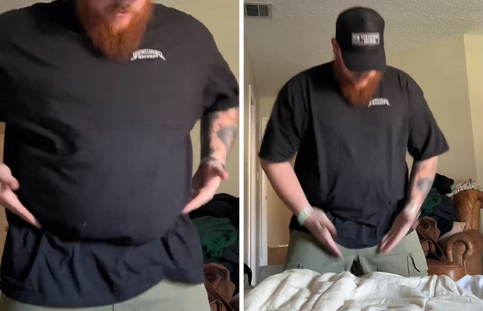 Man in a black shirt and hat standing in a bedroom, questioning shower habits in a viral clip.