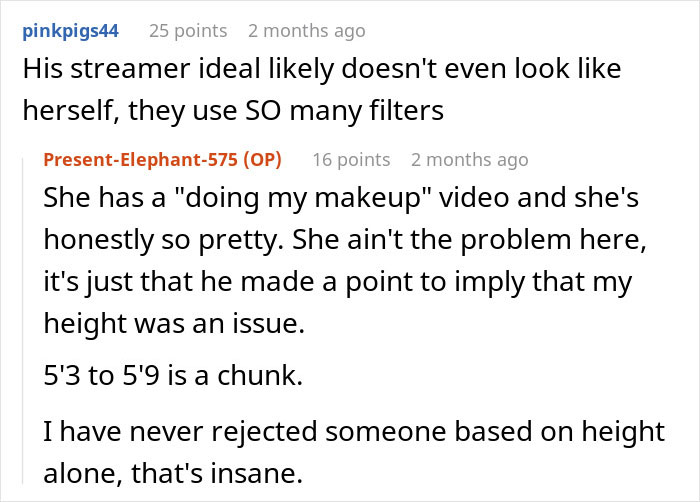 Reddit comments about a Zoomer friend's rejection over height issues and makeup filters.